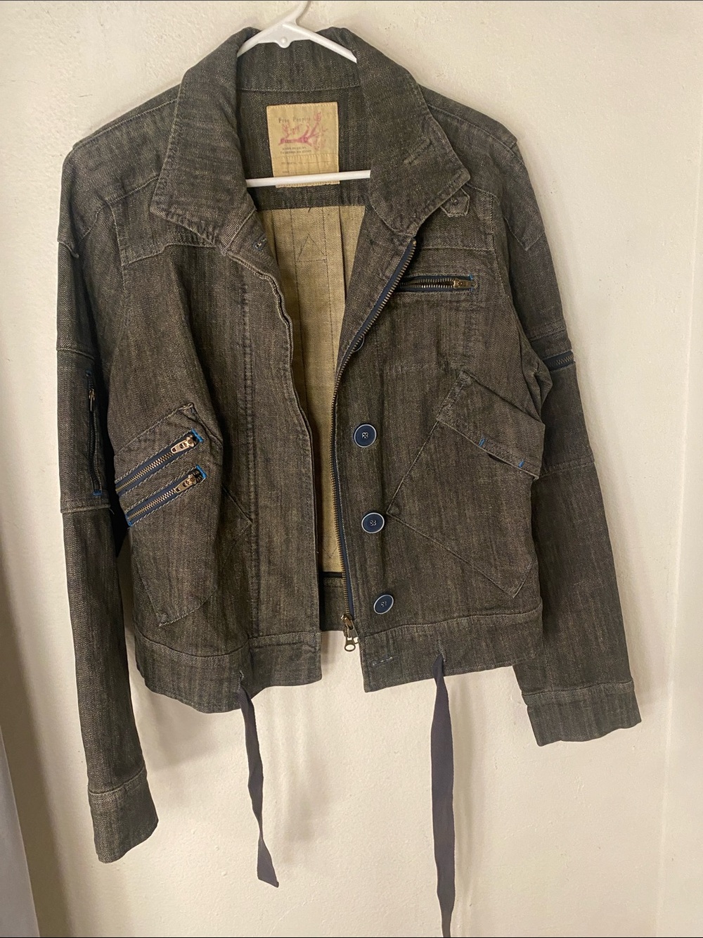 Free people Gray Utility Jacket with Zip & Button Details cotton and spandex